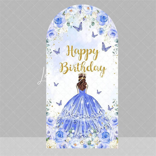 Lofaris Blue Floral Princess Happy Birthday Arch Backdrop Butterfly Girl Party Decoration Banner for Sweet 16 Celebration