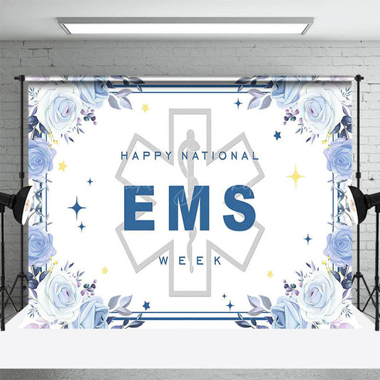 Lofaris Blue Floral Sparkle Happy National EMS Week Backdrop