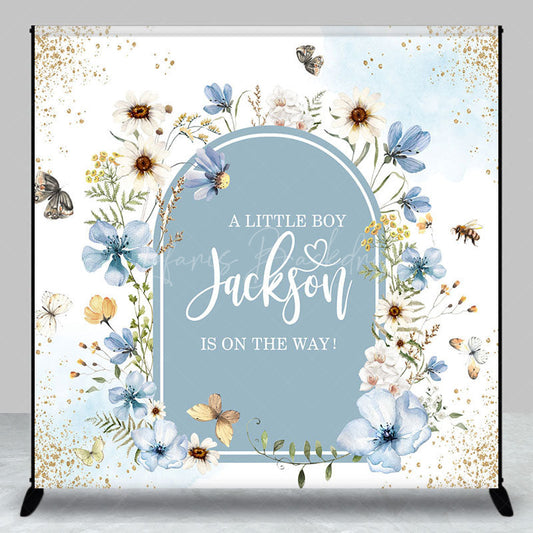 Lofaris Blue Floral Spring Custom Name Baby Shower Backdrop