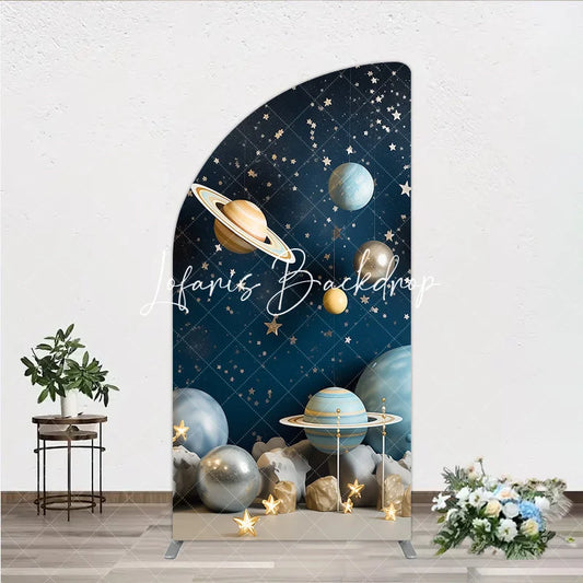 Lofaris Blue Galaxy Space Half Moon Arch Backdrop with Planets and Stars Dreamy Celestial Theme Party Decor