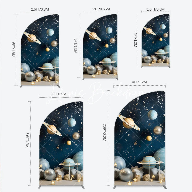 Lofaris Blue Galaxy Space Half Moon Arch Backdrop with Planets and Stars Dreamy Celestial Theme Party Decor