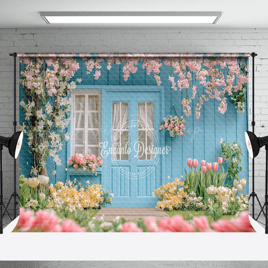 Lofaris Blue Garden House Greenery Floral Spring Backdrop