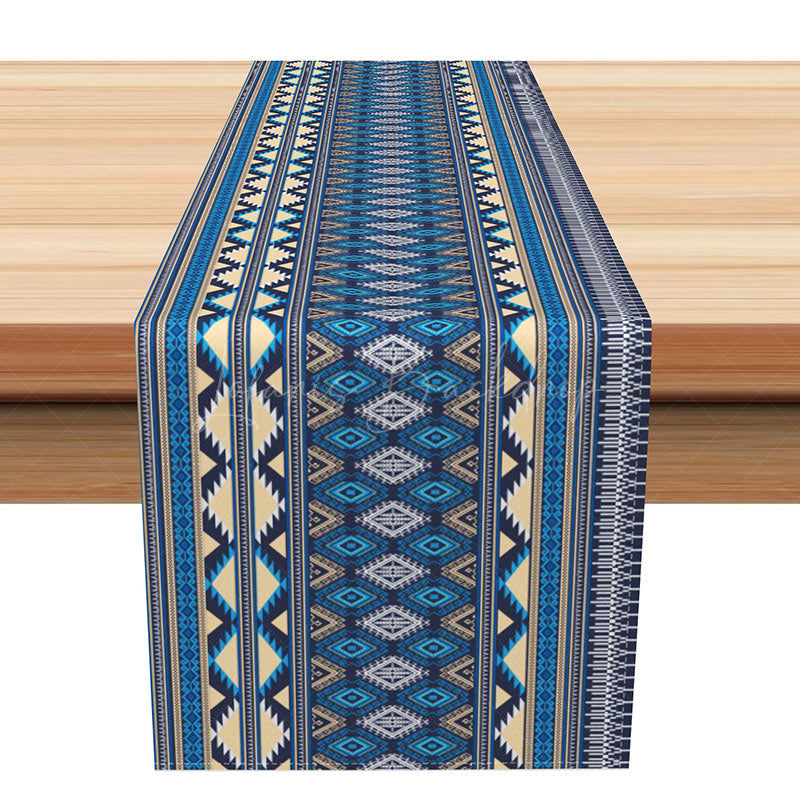 Lofaris Blue Geometric Tribal Table Runner for Aztec and Bohemian Inspired Kitchen Dining Room Decor