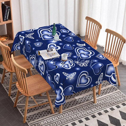 Lofaris Blue Glowing Heart Butterfly Rectangle Tablecloth Neon Light Love Pattern Modern Cool Tone Dining Decor