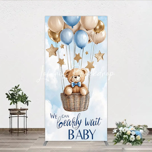 Lofaris Blue Gold Balloons and Stars Teddy Bear Hot Air Balloon Rectangle Arch Backdrop We Can Bearly Wait Baby Shower Decor