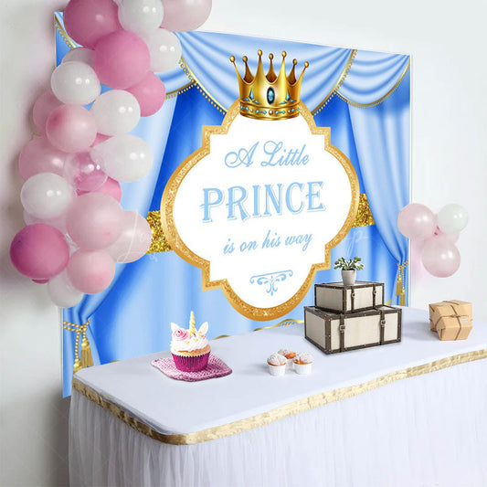 Lofaris Blue Gold Curtain Crown Prince Baby Shower Backdrop