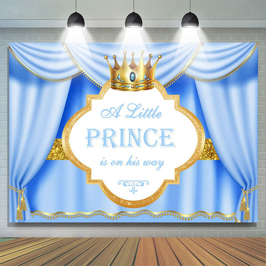 Lofaris Blue Gold Curtain Crown Prince Baby Shower Backdrop