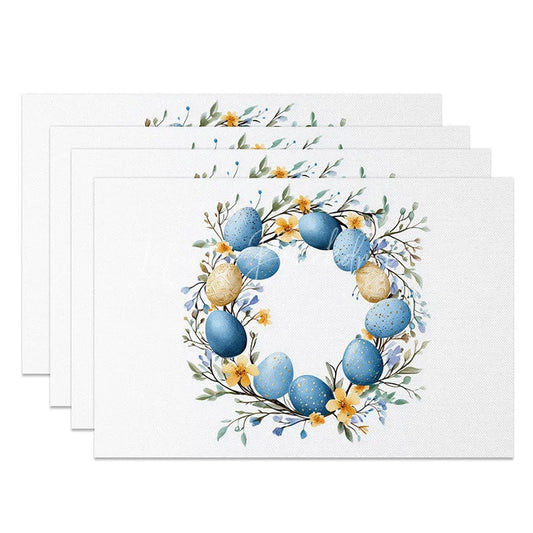 Lofaris Blue Gold Easter Egg Wreath Set of 4 Placemats Yellow Flower Spring Decoration Elegant Holiday Table Mat