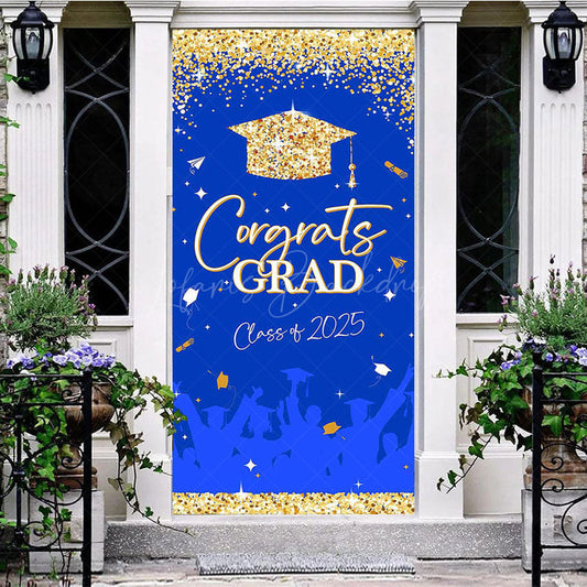 Lofaris Blue Gold Glitter Class 2025 Congrats Grad Door Cover