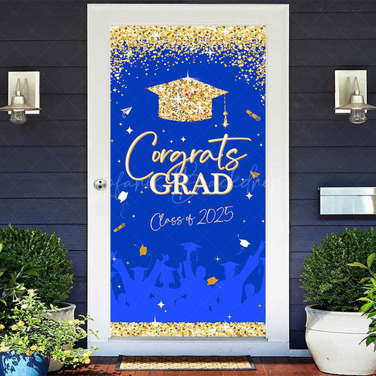 Lofaris Blue Gold Glitter Class 2025 Congrats Grad Door Cover