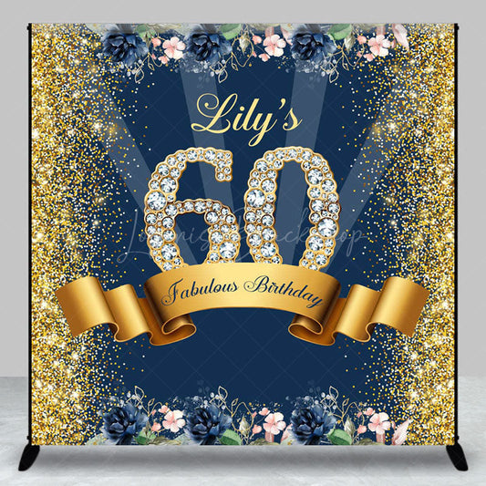 Lofaris Blue Gold Glitter Floral Custom 60th Birthday Backdrop