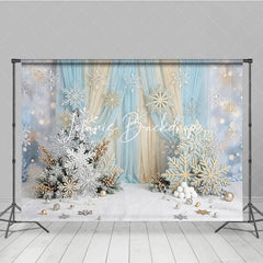 Lofaris Blue Gold Glitter Snowflake Winter Photography Backdrop Elegant Wonderland Holiday Celebration Party Decor