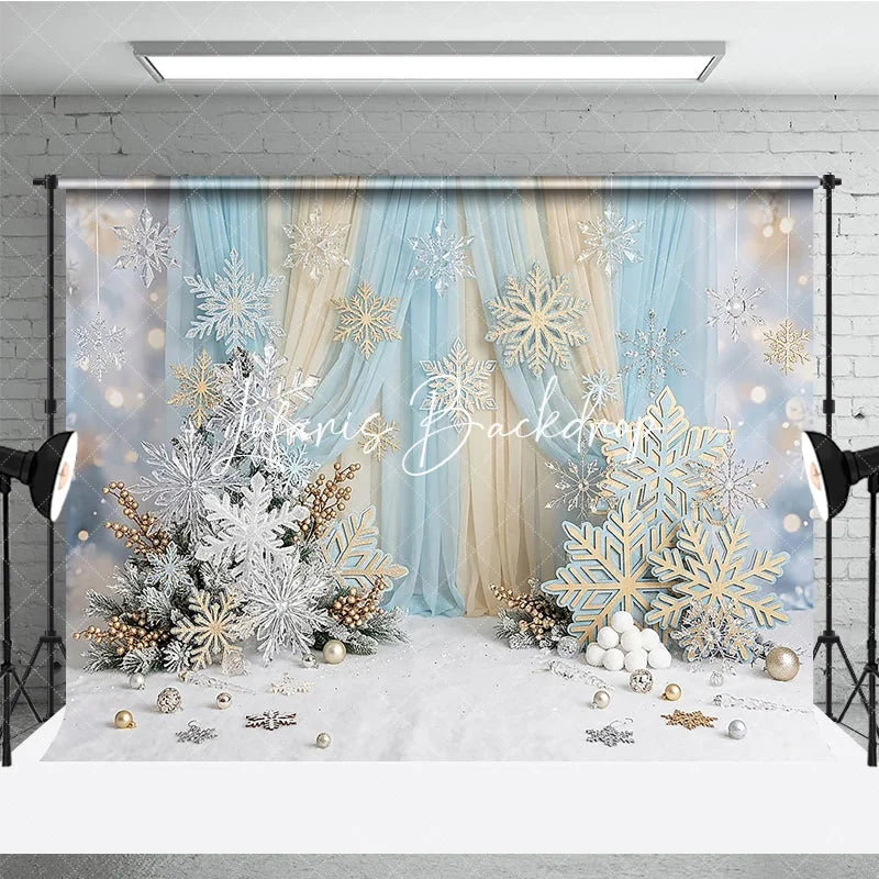 Lofaris Blue Gold Glitter Snowflake Winter Photography Backdrop Elegant Wonderland Holiday Celebration Party Decor