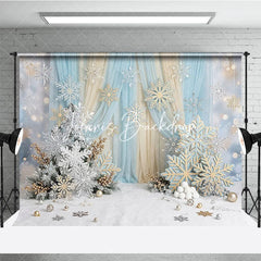 Lofaris Blue Gold Glitter Snowflake Winter Photography Backdrop Elegant Wonderland Holiday Celebration Party Decor