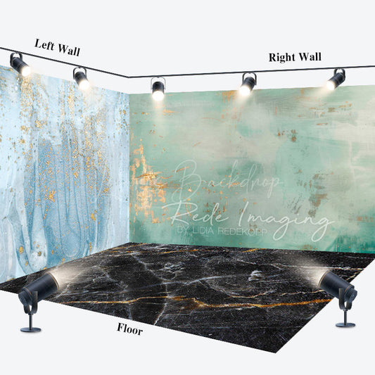 Lofaris Blue Green Black Gold Marbled Room Set Backdrop