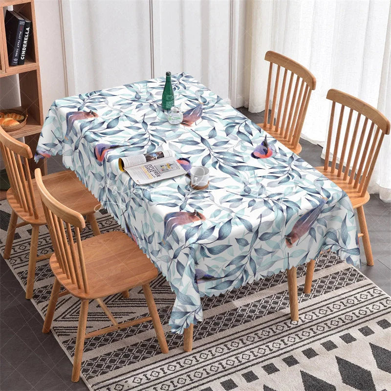 Lofaris Blue Green Leaves and Charming Birds Rectangle Tablecloth with Scalloped Edge Elegant Botanical Dining Room Decor