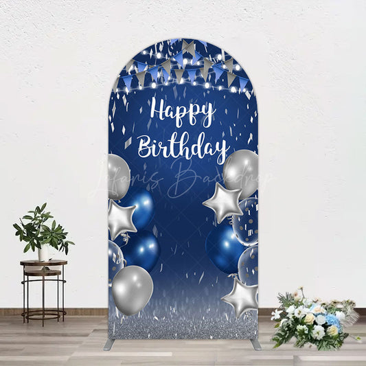 Lofaris Blue Grey Balloon Flags Happy Birthday Arch Backdrop