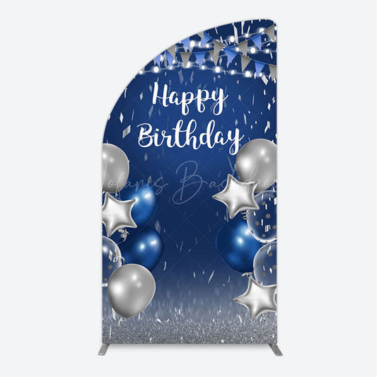 Lofaris Blue Grey Balloon Flags Happy Birthday Half Moon Arch Backdrop