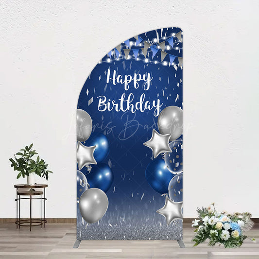 Lofaris Blue Grey Balloon Flags Happy Birthday Half Moon Arch Backdrop