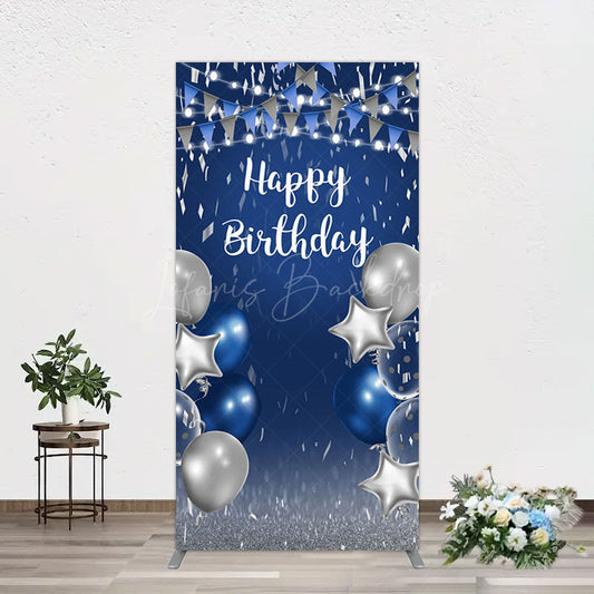 Lofaris Blue Grey Balloon Flags Happy Birthday Rectangle Backdrop