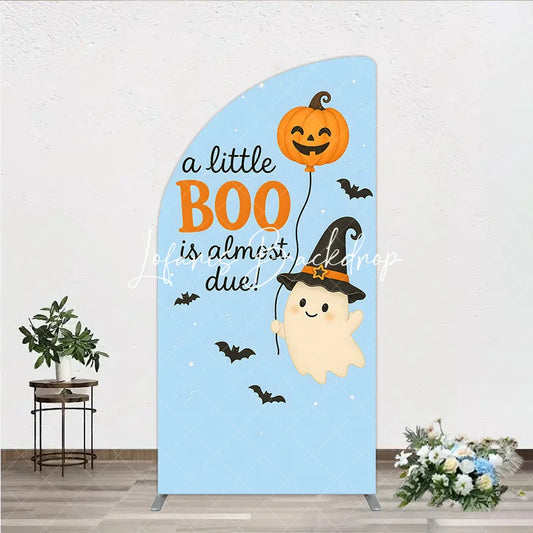 Lofaris Blue Half Moon Arch Backdrop with Cute Ghost Pumpkin Balloon A Little Boo Is Almost Due Halloween Baby Shower Decor