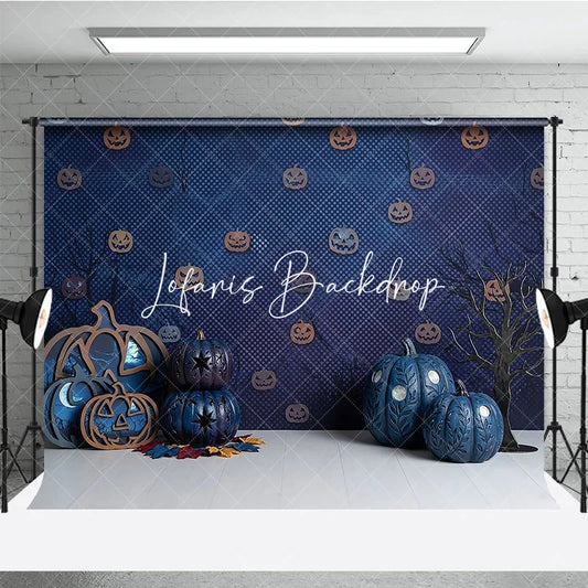 Lofaris Blue Halloween Pumpkin and Bare Tree Photography Backdrop Spooky Jack Lantern Holiday Party Portrait Background