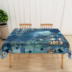 Lofaris Blue Halloween Rectangle Tablecloth with Jack O’ Lantern Faces for Unique and Spooky Kids Party Decor
