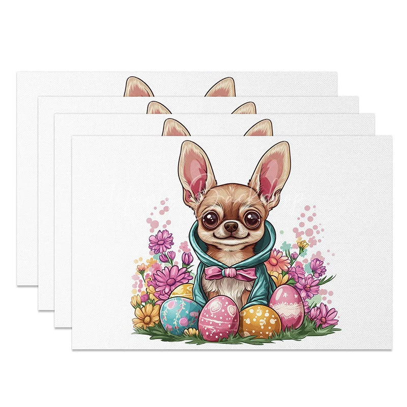 Lofaris Blue Hoodie Chihuahua Set of 4 Placemats Easter Dog with Eggs Spring Holiday Table Mats Decor