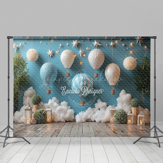 Lofaris Blue Hot Air Balloon Starry Wall Cake Smash Backdrop