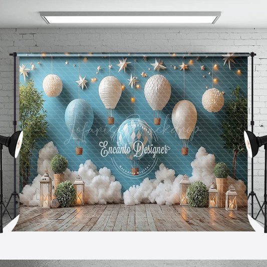 Lofaris Blue Hot Air Balloon Starry Wall Cake Smash Backdrop