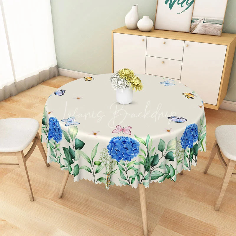 Lofaris Blue Hydrangea Floral and Butterflies Round Tablecloth Romantic Garden Party Dining Decor