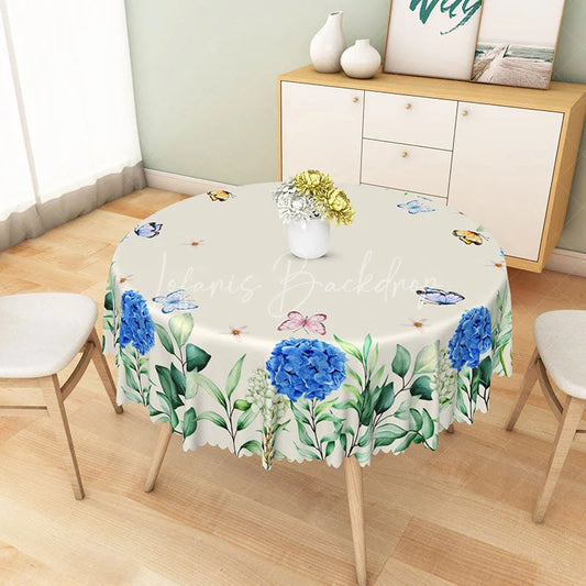Lofaris Blue Hydrangea Floral and Butterflies Round Tablecloth Romantic Garden Party Dining Decor