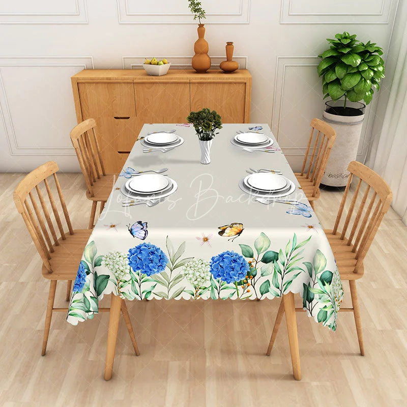 Lofaris Blue Hydrangea Rectangle Tablecloth Butterfly and Floral Dining Table Cover Decor