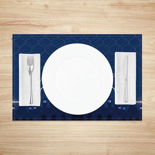 Lofaris Blue Islamic Mosque Set of 4 Placemats Geometric Lattice and Crescent Moon Ramadan Eid Mubarak Table Mats