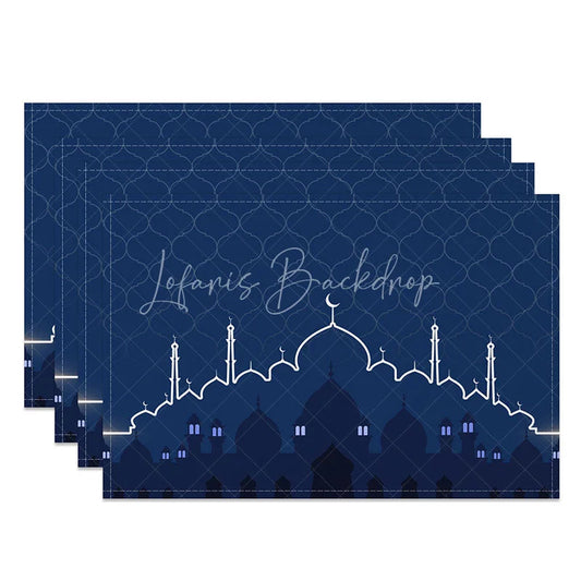 Lofaris Blue Islamic Mosque Set of 4 Placemats Geometric Lattice and Crescent Moon Ramadan Eid Mubarak Table Mats