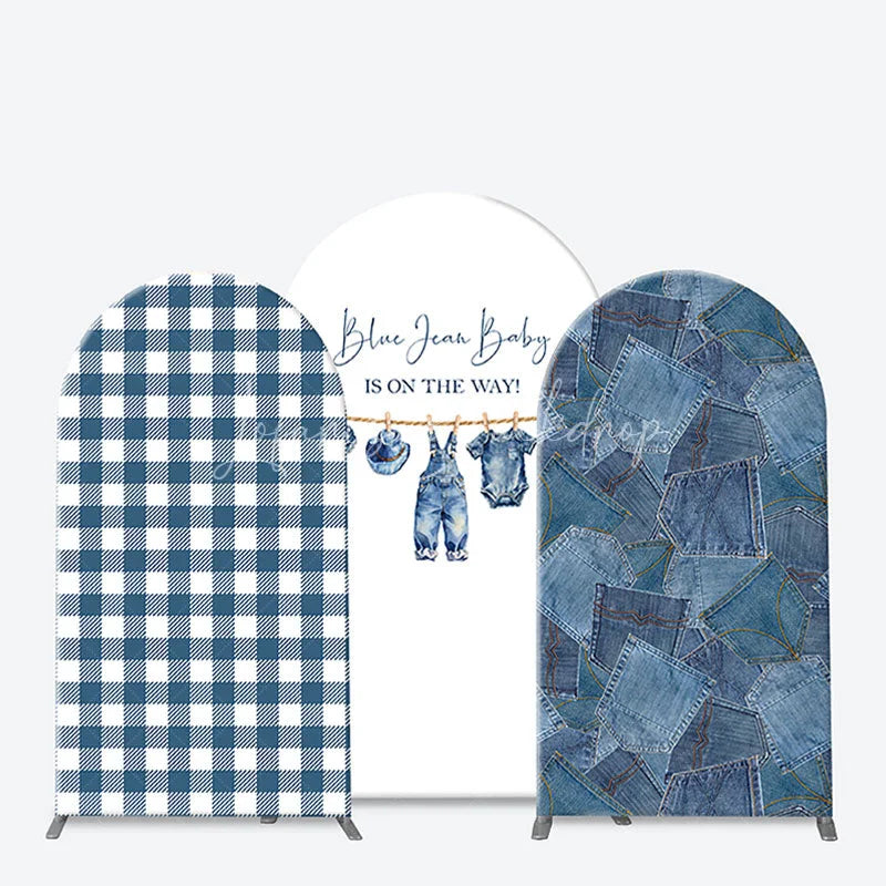 Lofaris Blue Jean Baby Gingham Check and Denim Patchwork Arch Backdrop Kit Rustic Shower Celebration Decor