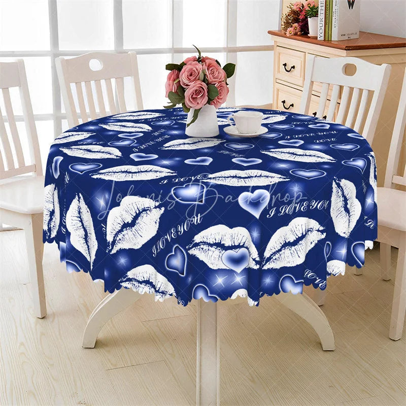 Lofaris Blue Lip I Love You Round Tablecloth Romantic Kiss Mark Table Cover for Valentine Party