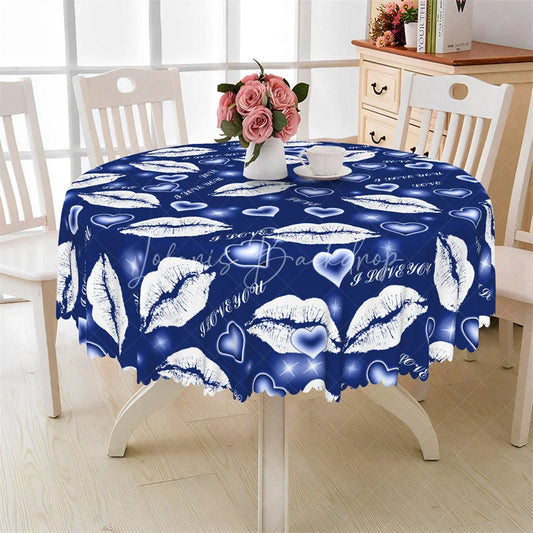 Lofaris Blue Lip I Love You Round Tablecloth Romantic Kiss Mark Table Cover for Valentine Party