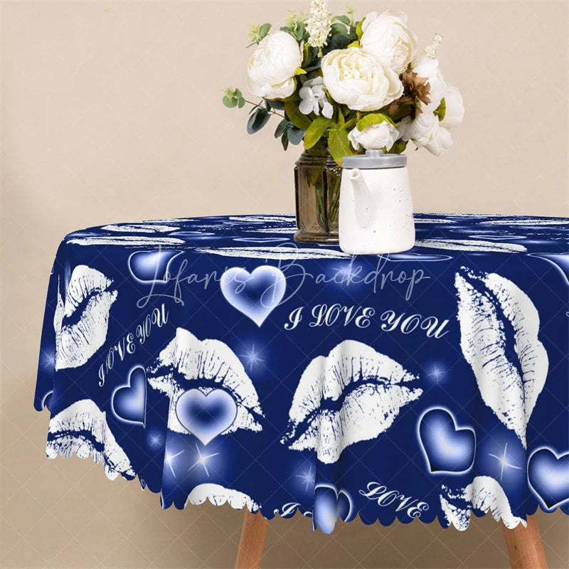 Lofaris Blue Lip I Love You Round Tablecloth Romantic Kiss Mark Table Cover for Valentine Party