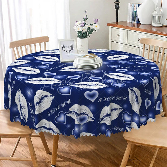 Lofaris Blue Lip I Love You Round Tablecloth Romantic Kiss Mark Table Cover for Valentine Party