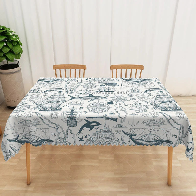 Lofaris Blue Marine Sketch Rectangle Tablecloth Ocean Anchor Steering Wheel Table Cover Summer Beach Party Decor
