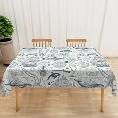 Lofaris Blue Marine Sketch Rectangle Tablecloth Ocean Anchor Steering Wheel Table Cover Summer Beach Party Decor