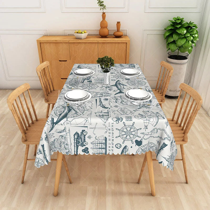 Lofaris Blue Marine Sketch Rectangle Tablecloth Ocean Anchor Steering Wheel Table Cover Summer Beach Party Decor