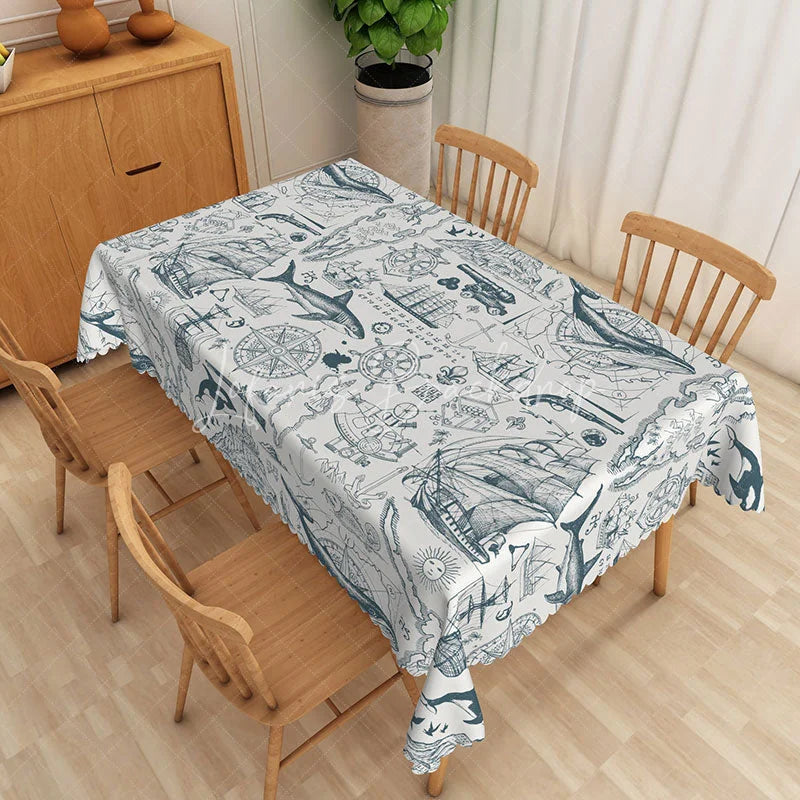 Lofaris Blue Marine Sketch Rectangle Tablecloth Ocean Anchor Steering Wheel Table Cover Summer Beach Party Decor