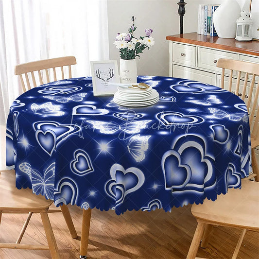 Lofaris Blue Neon Heart Butterfly Round Tablecloth Cool Glowing Love Table Cover for Wedding