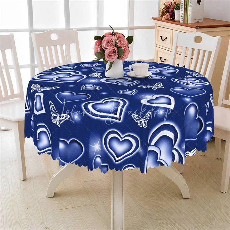 Lofaris Blue Neon Heart Butterfly Round Tablecloth Glowing Love Pattern Table Cover for Wedding