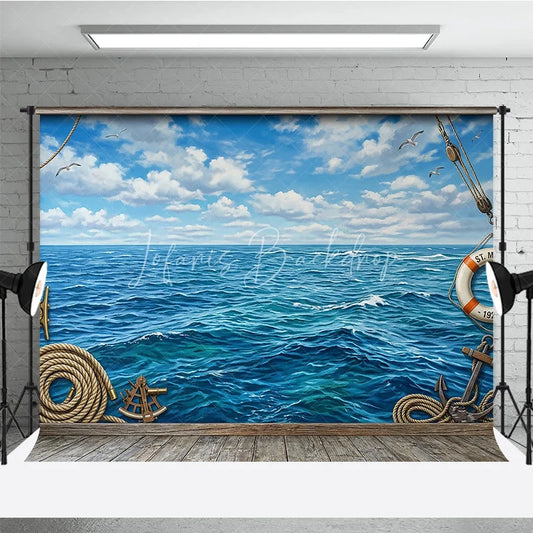 Lofaris Blue Ocean and Sky Photography Backdrop Vintage Nautical Wooden Frame for Sea Adventure Theme
