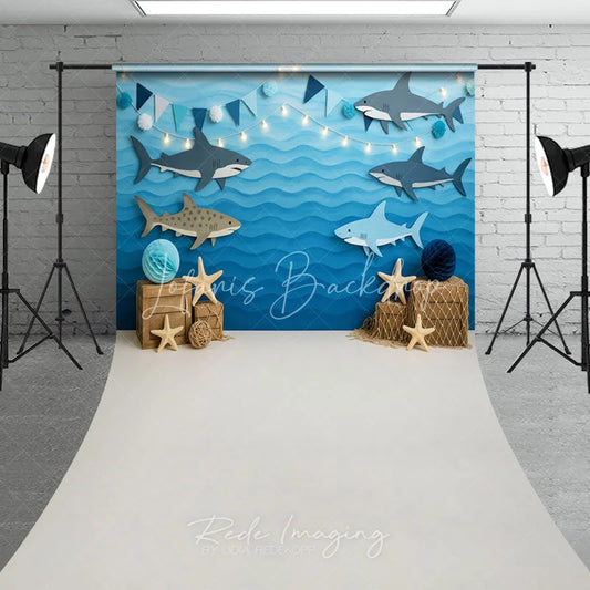 Lofaris Blue Ocean Shark Sweep Backdrop Kids Birthday Party Decor with Nautical Elements