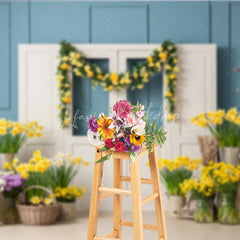 Lofaris Blue Paneled Wall and White Doors Photography Backdrop Yellow Rose Garland Spring Floral Decor