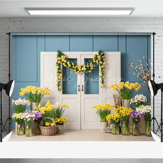 Lofaris Blue Paneled Wall and White Doors Photography Backdrop Yellow Rose Garland Spring Floral Decor